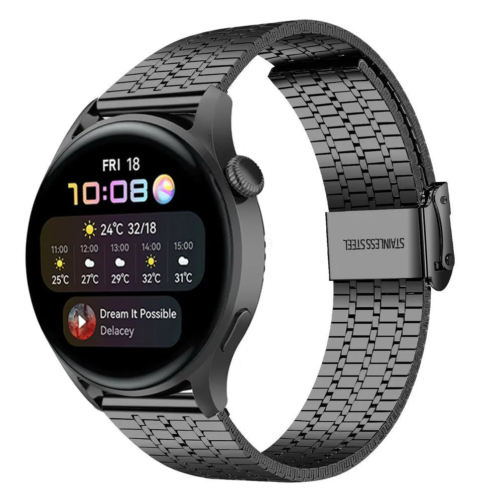 Fine Steel Strap, black, on a watch, 3/4 front view