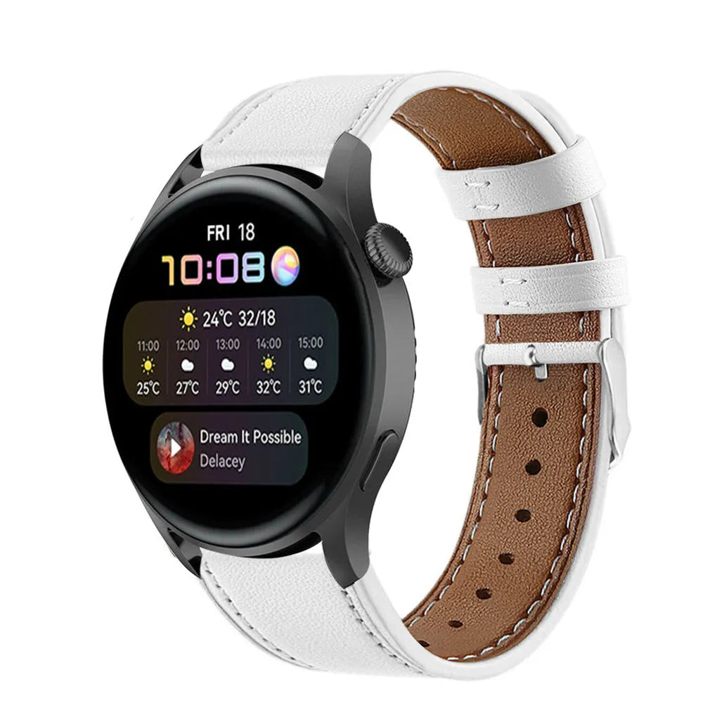Modern Leather Strap, white, on a watch, 3/4 front view