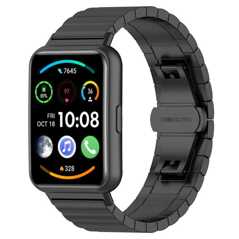 Metal Strap, black, on a watch, 3/4 front view