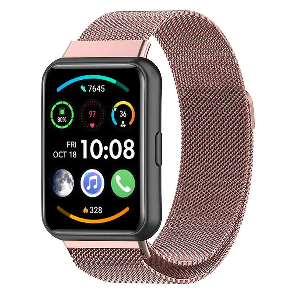 Milanese Strap, pink, on a watch, 3/4 front view