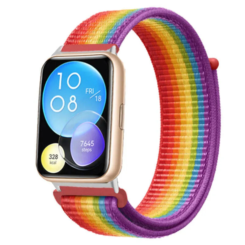 Nylon Strap, rainbow, on a watch, 3/4 front view