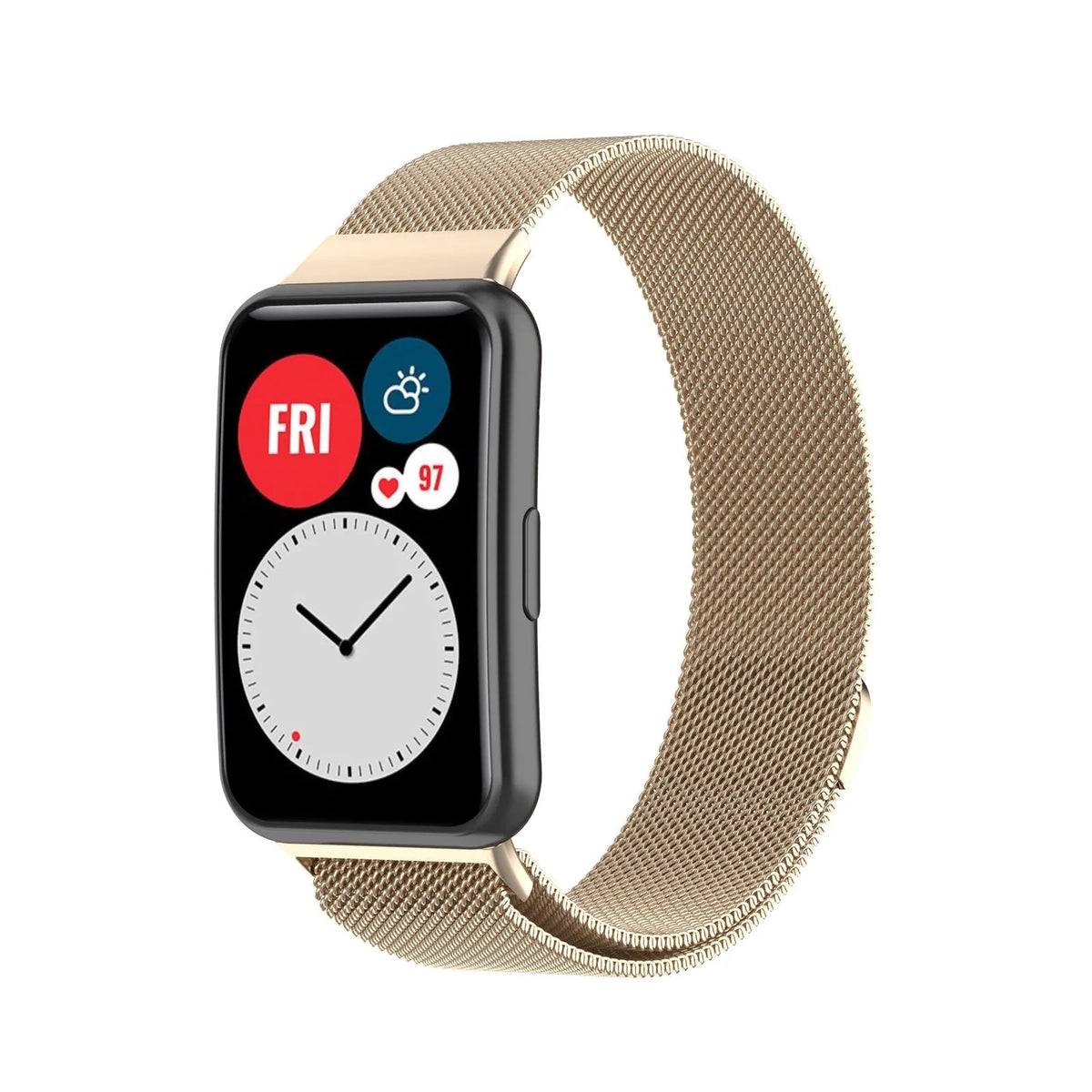 Milanese Strap, champagne, on a watch, 3/4 front view