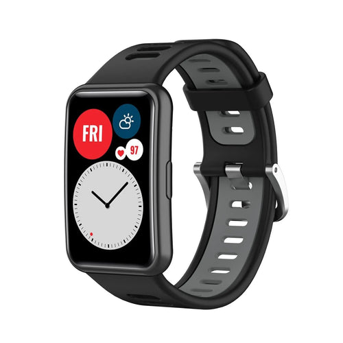 Silicone Sport Buckle Strap, black/grey, on a watch, 3/4 front view