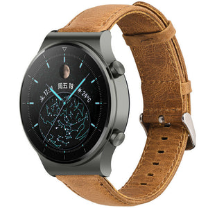 Leather Strap, brown, on a watch, 3/4 front view
