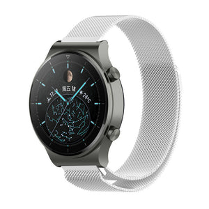 Milanese Strap, silver, on a watch, 3/4 front view