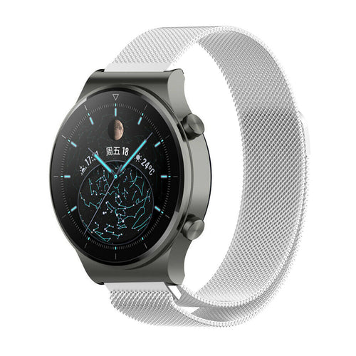 Milanese Strap, silver, on a watch, 3/4 front view