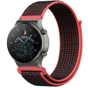 Nylon Strap, black/coral, on a watch, 3/4 front view