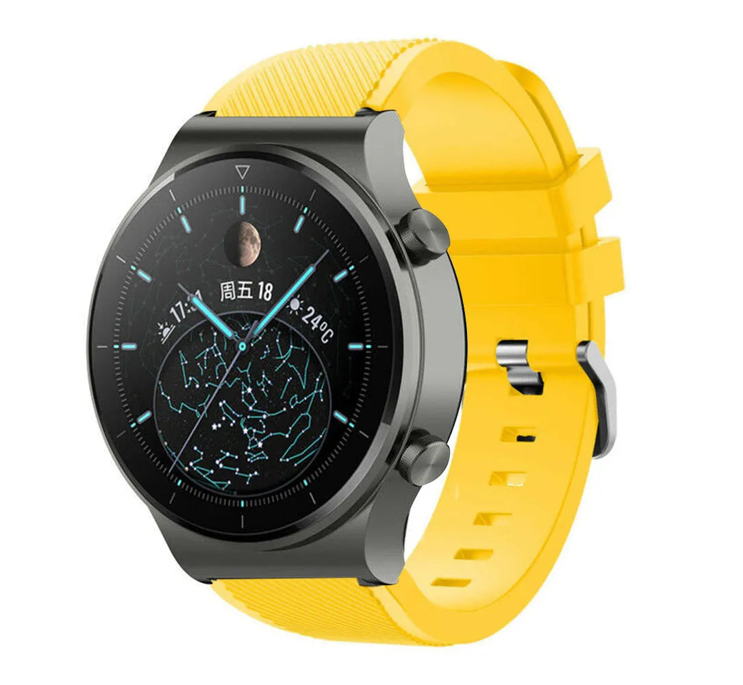Twill Silicone Strap, yellow, on a watch, 3/4 front view