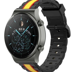 Silicone Special Edition Strap, black/yellow, on a watch, 3/4 front view