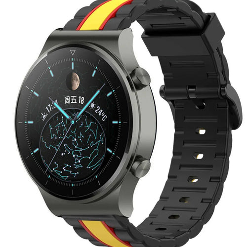 Silicone Special Edition Strap, black/yellow, on a watch, 3/4 front view