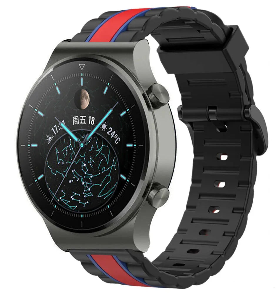Silicone Special Edition Strap, black/red, on a watch, 3/4 front view