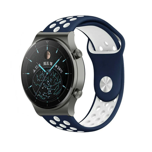 Silicone Sport Strap, blue/white, on a watch, 3/4 front view