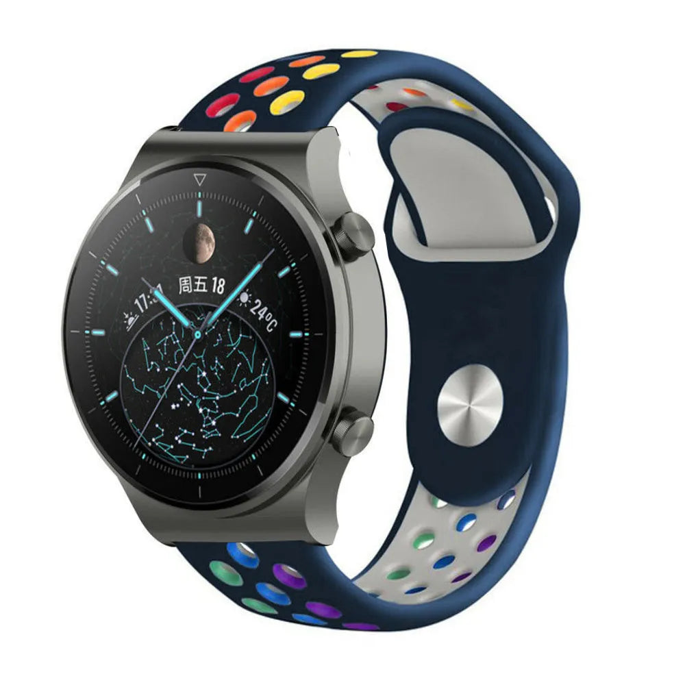 Silicone Sport Strap, dark blue/colourful, on a watch, 3/4 front view