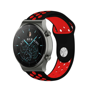 Silicone Sport Strap, black/red, on a watch, 3/4 front view