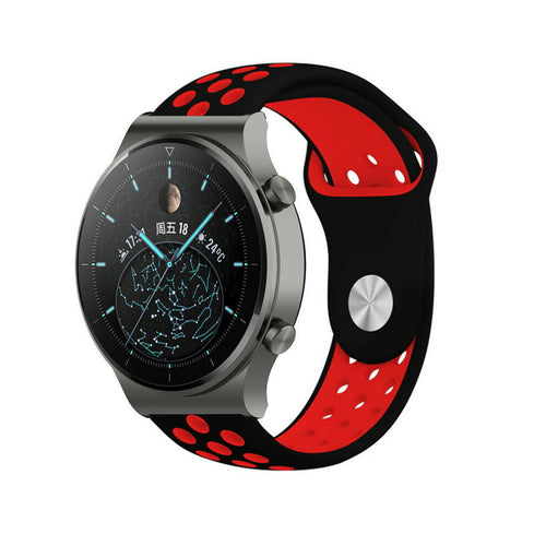 Silicone Sport Strap, black/red, on a watch, 3/4 front view