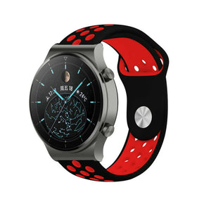 Silicone Sport Strap, black/red, on a watch, 3/4 front view