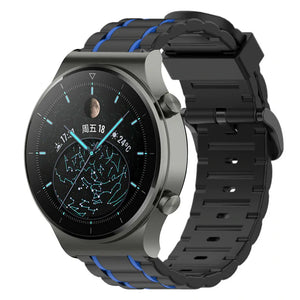 Silicone Sport Strap with Buckle, black/blue, on a watch, 3/4 front view