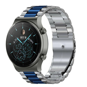 Steel Strap, silver/blue, on a watch, 3/4 front view