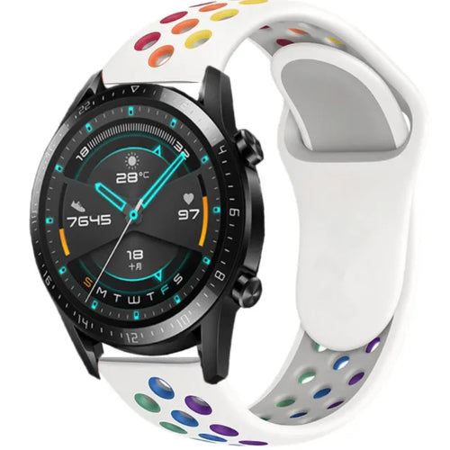 Silicone Sport Strap, white/colourful, on a watch, 3/4 front view