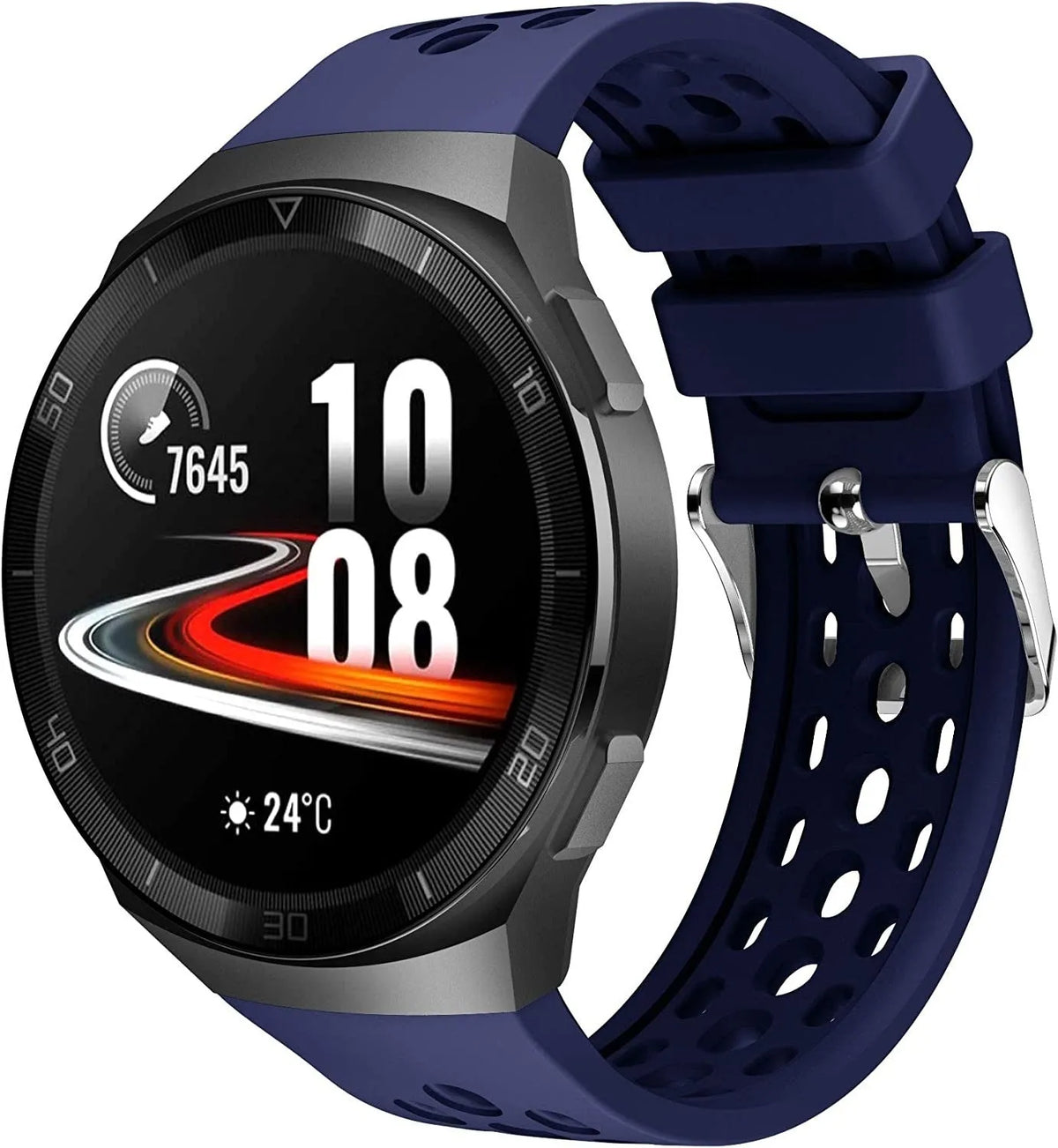 Breathable Silicone Strap, dark blue, on a watch, 3/4 front view