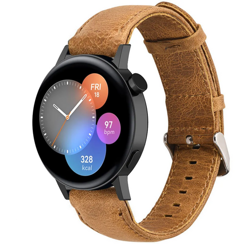 Leather Strap, brown, on a watch, 3/4 front view