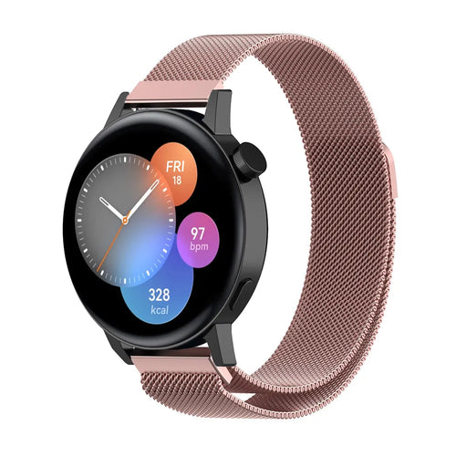 Milanese Strap, pink, on a watch, 3/4 front view