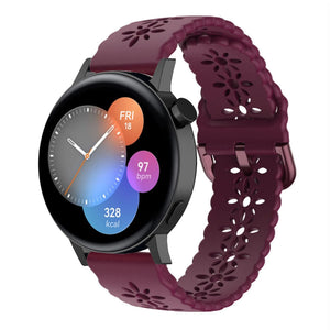 Patterned Silicone Strap, burgundy, on a watch, 3/4 front view