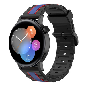 Silicone Special Edition Strap, black/blue, on a watch, 3/4 front view