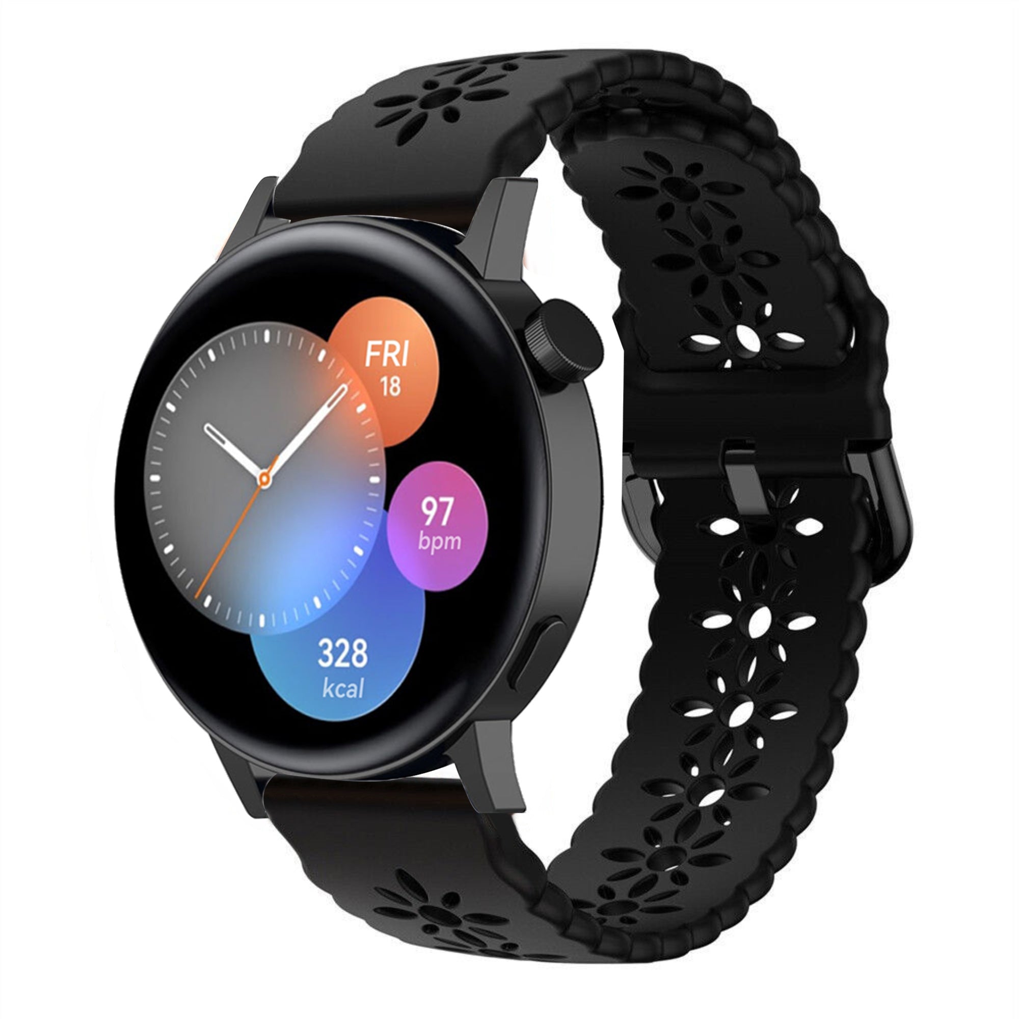 Patterned Silicone Strap, black, on a watch, 3/4 front view