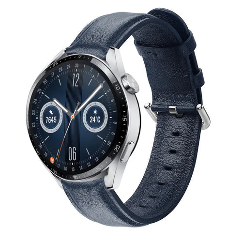 Leather Strap, dark blue, on a watch, 3/4 front view