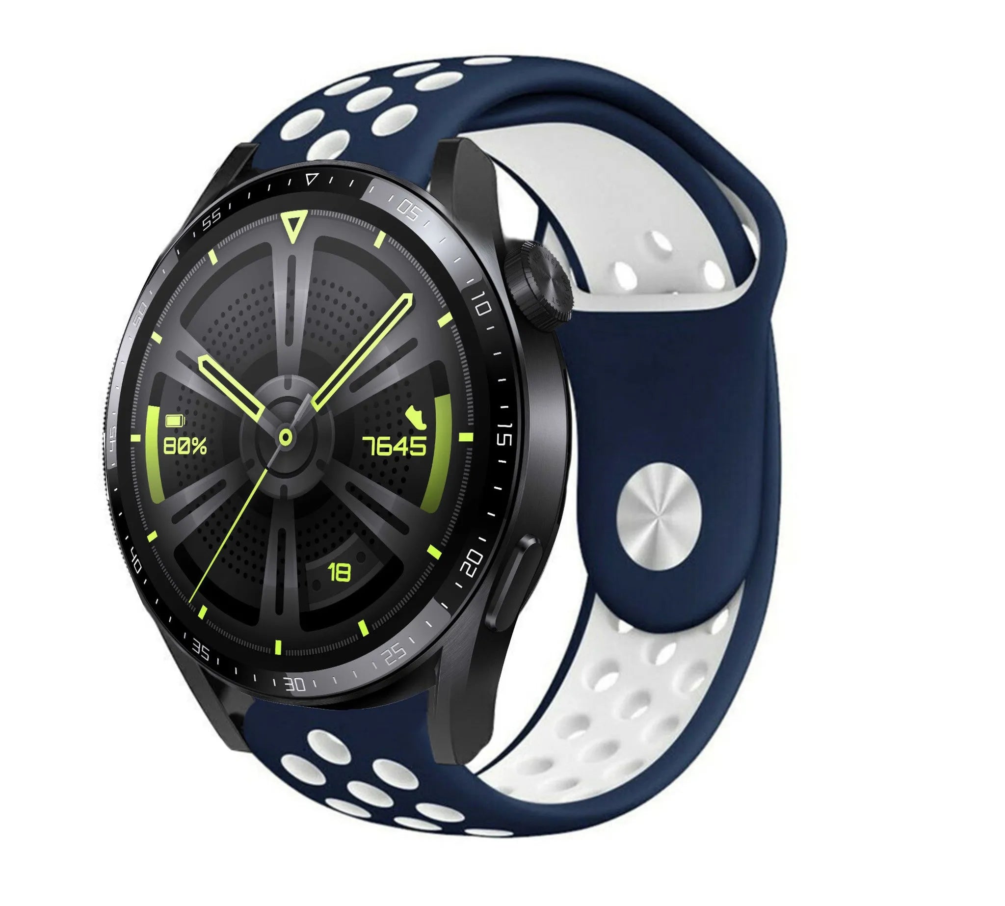 Silicone Sport Strap, blue/white, on a watch, 3/4 front view