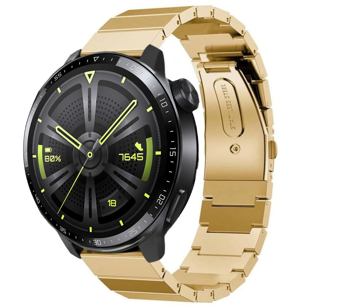 Premium Metal Strap, gold, on a watch, 3/4 front view