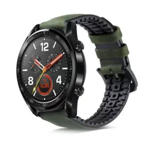 Leather Hybrid Strap, green, on a watch, 3/4 front view