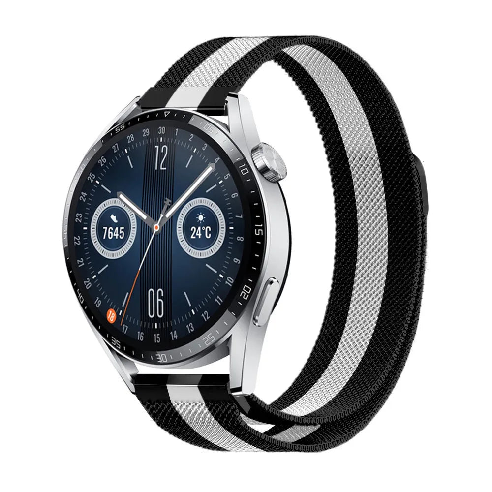 Milanese Strap, black/white, on a watch, 3/4 front view