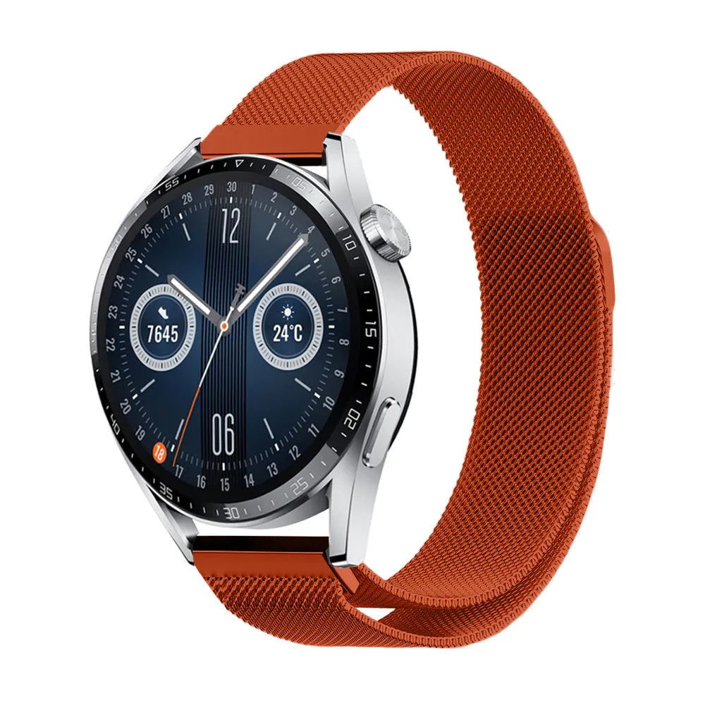 Milanese Strap, orange, on a watch, 3/4 front view