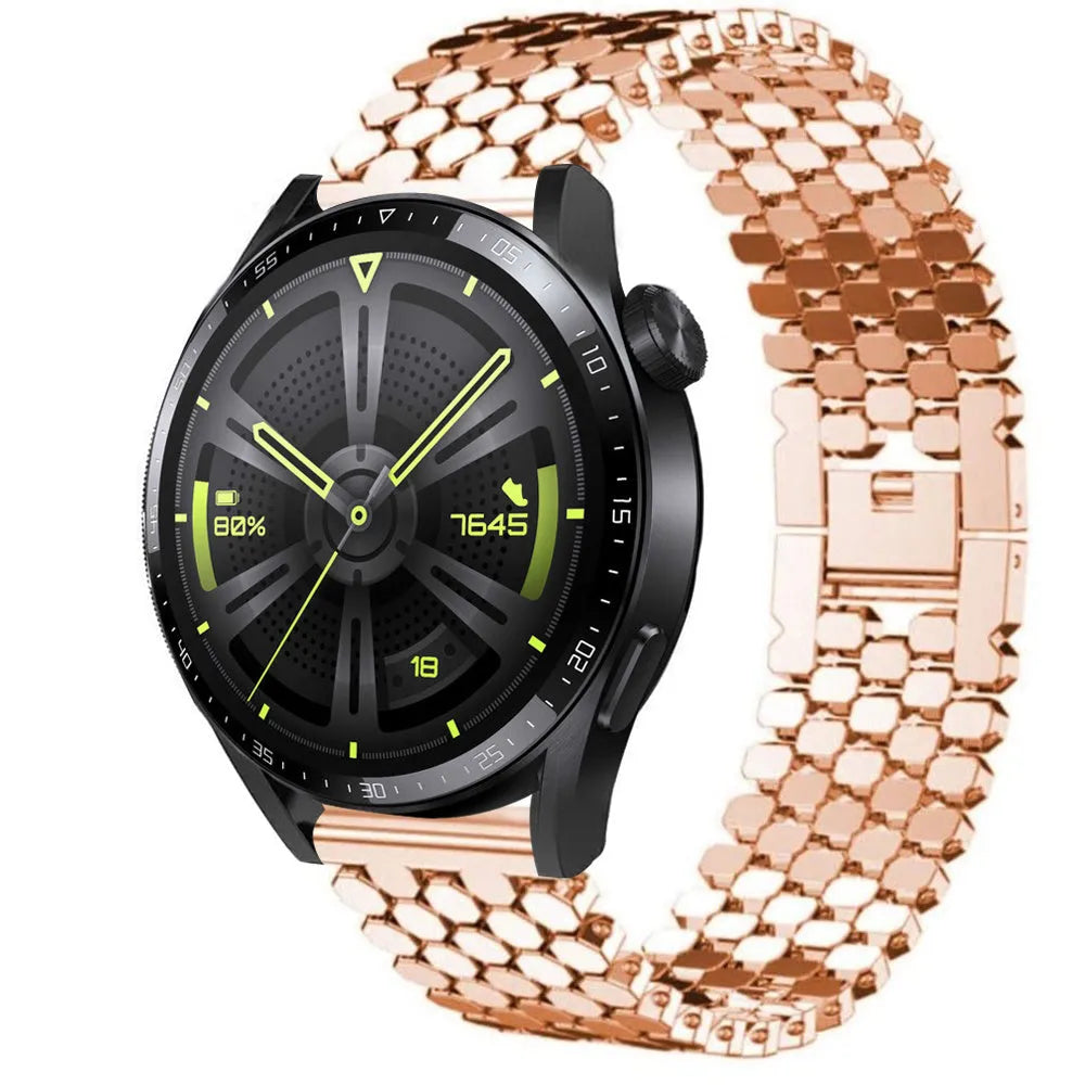 Steel Strap Hexagons, rose gold, on a watch, 3/4 front view