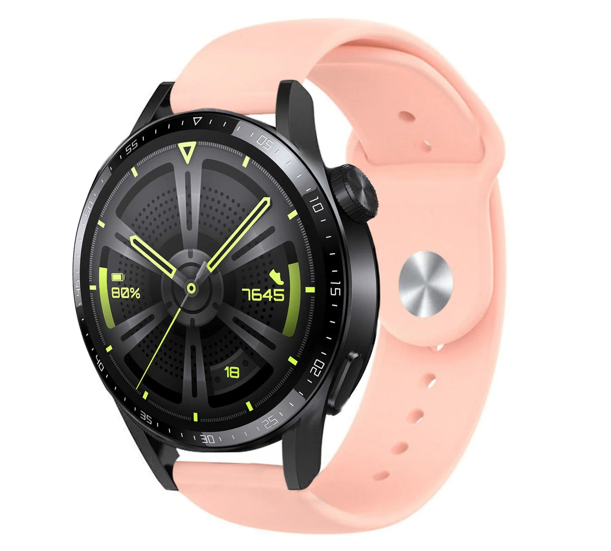 Silicone Sport Strap, pink, on a watch, 3/4 front view