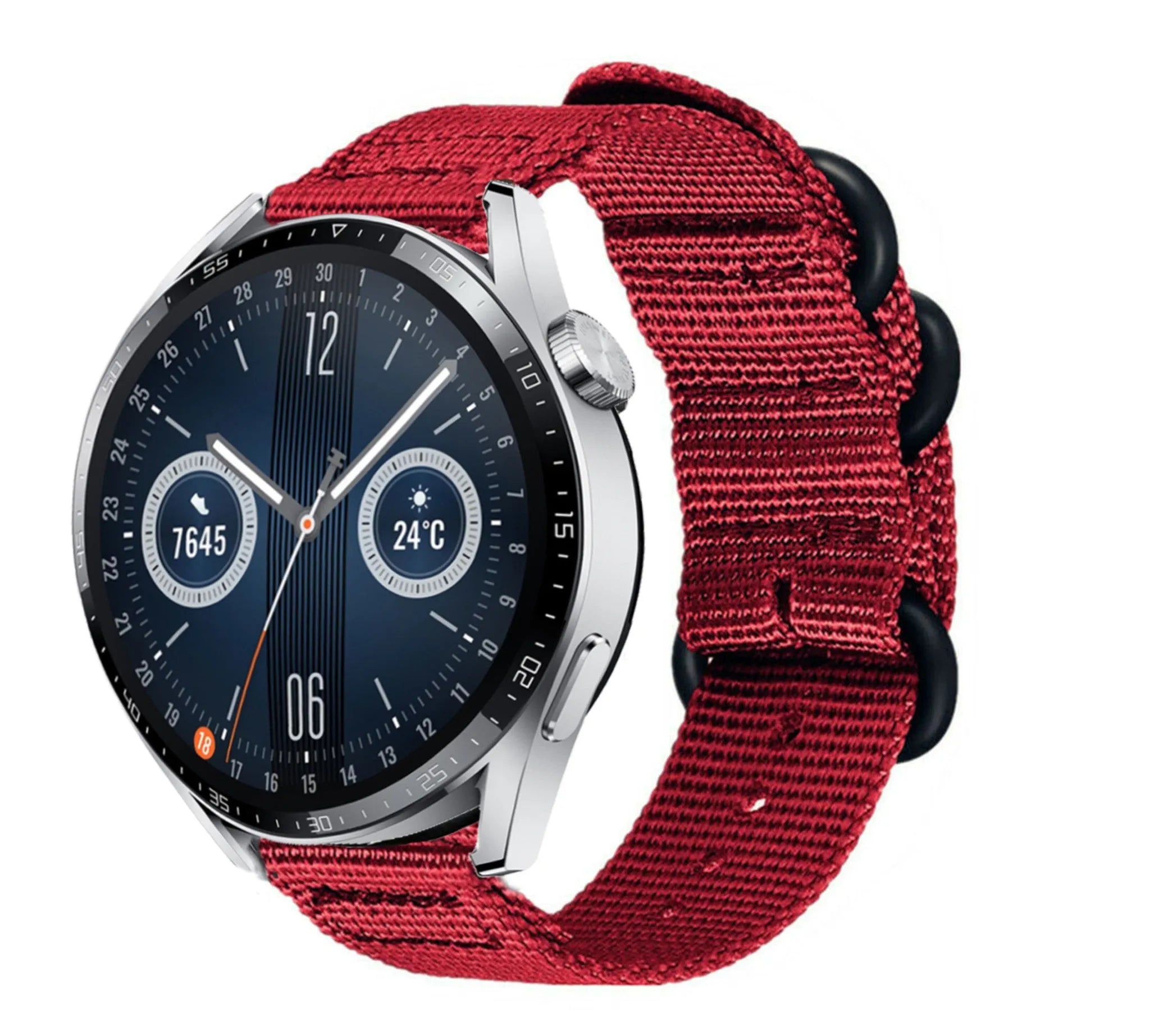 Nylon Buckle Strap, red, on a watch, 3/4 front view