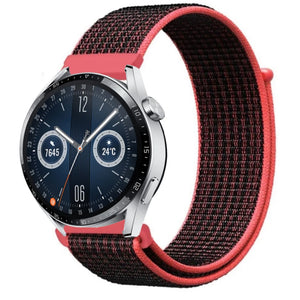 Nylon Strap, black/coral, on a watch, 3/4 front view