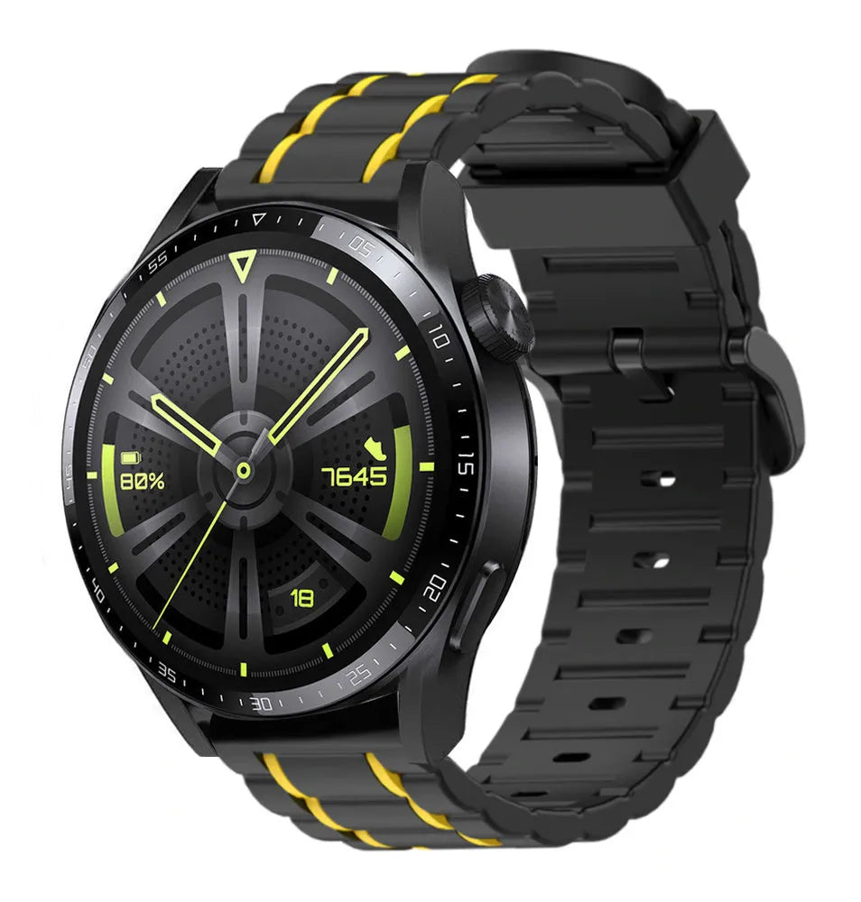 Silicone Sport Strap with Buckle, black/yellow, on a watch, 3/4 front view