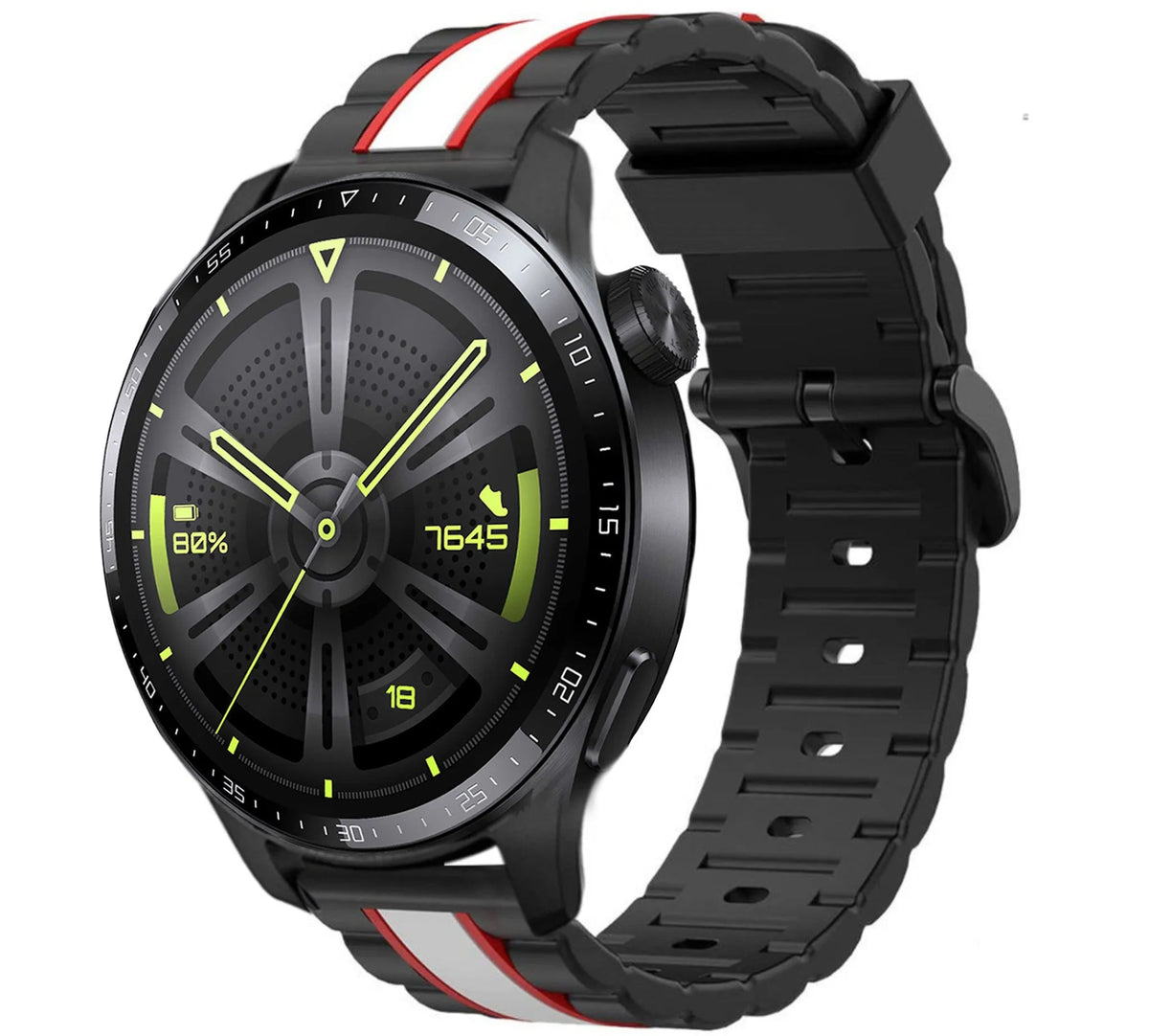 Silicone Special Edition Strap, black/white, on a watch, 3/4 front view