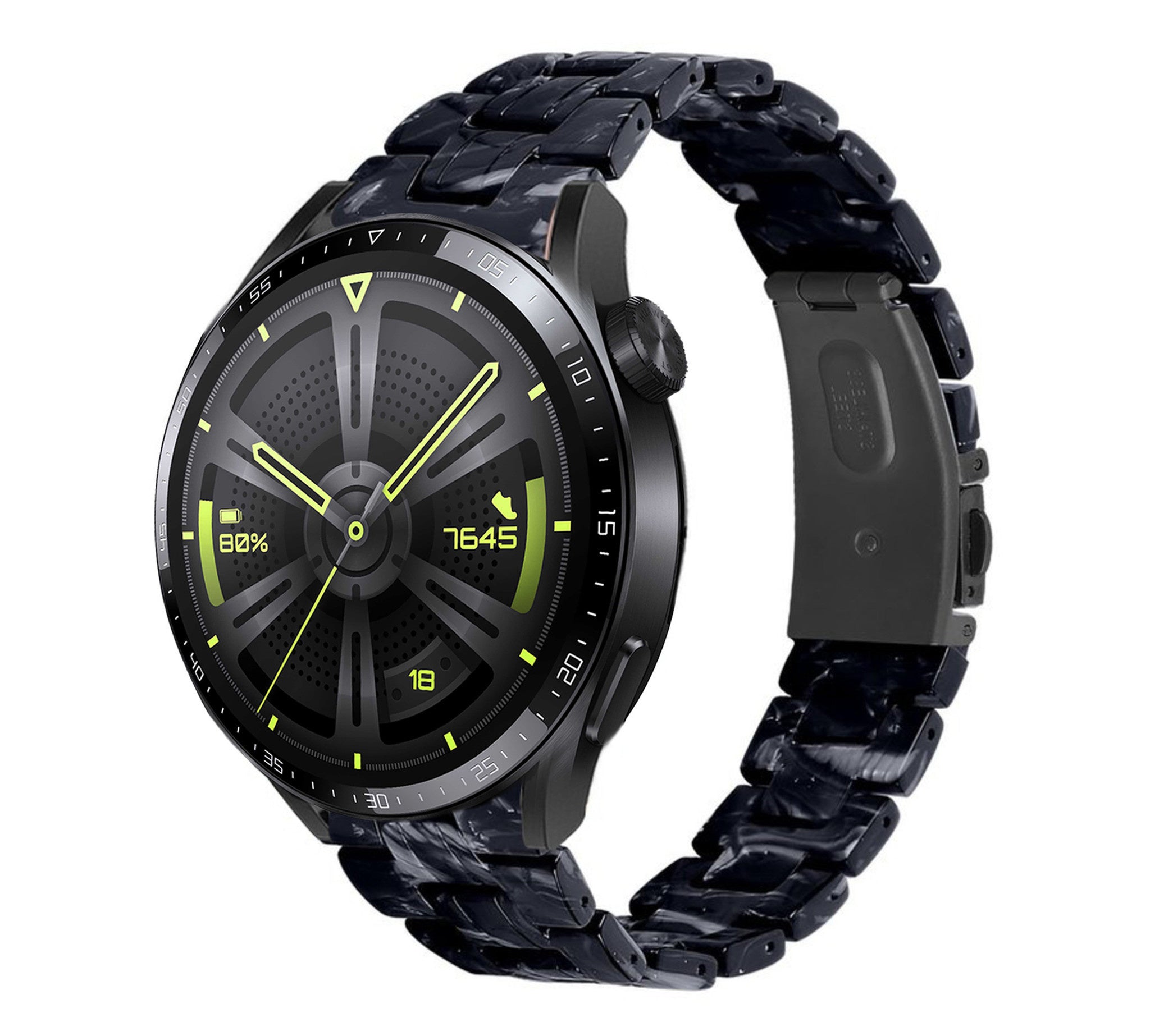 Metal Resin Strap, black/white, on a watch, 3/4 front view