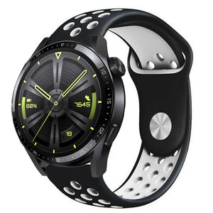 Silicone Sport Strap, black/white, on a watch, 3/4 front view