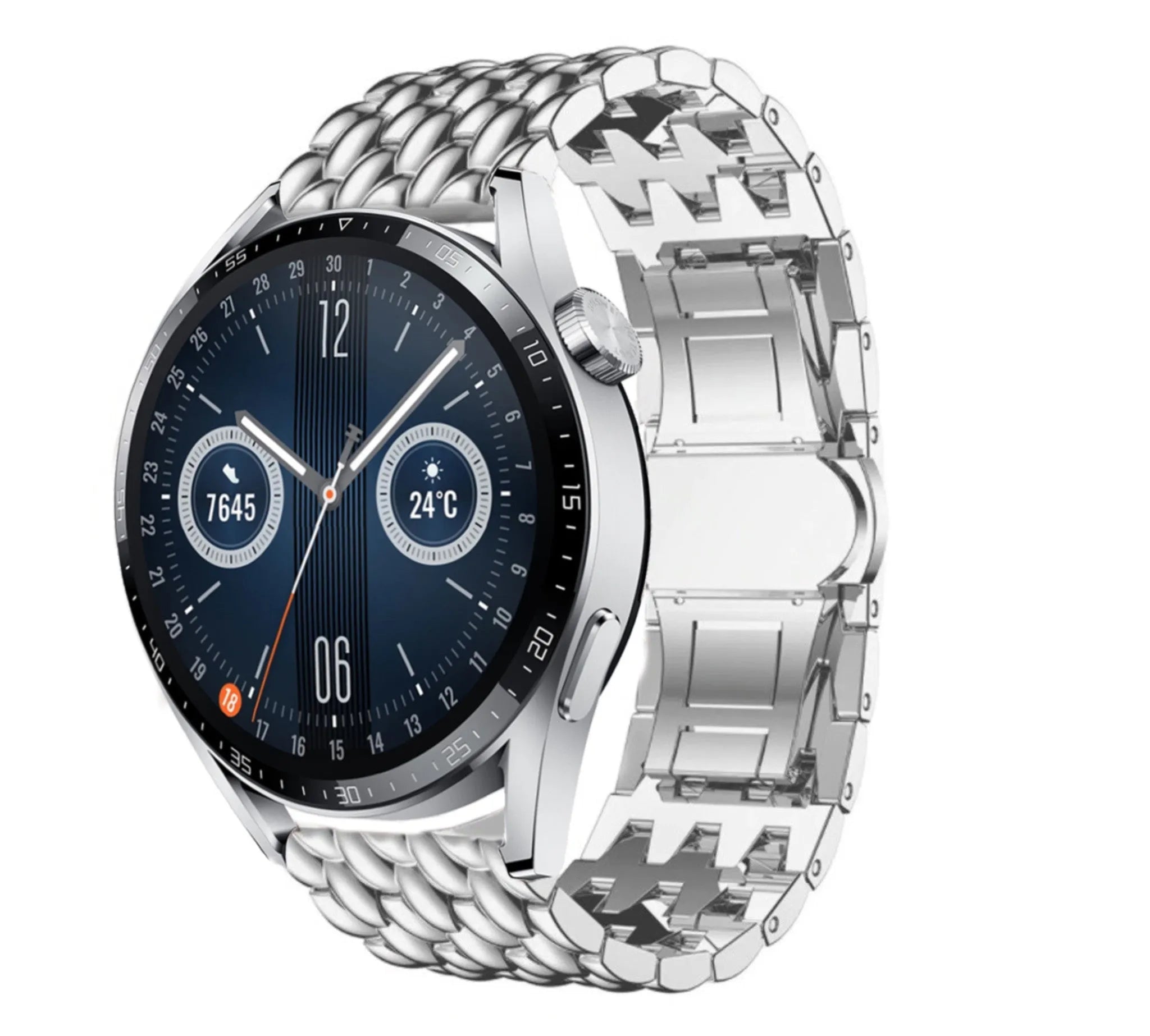Steel Dragon Strap, silver, on a watch, 3/4 front view