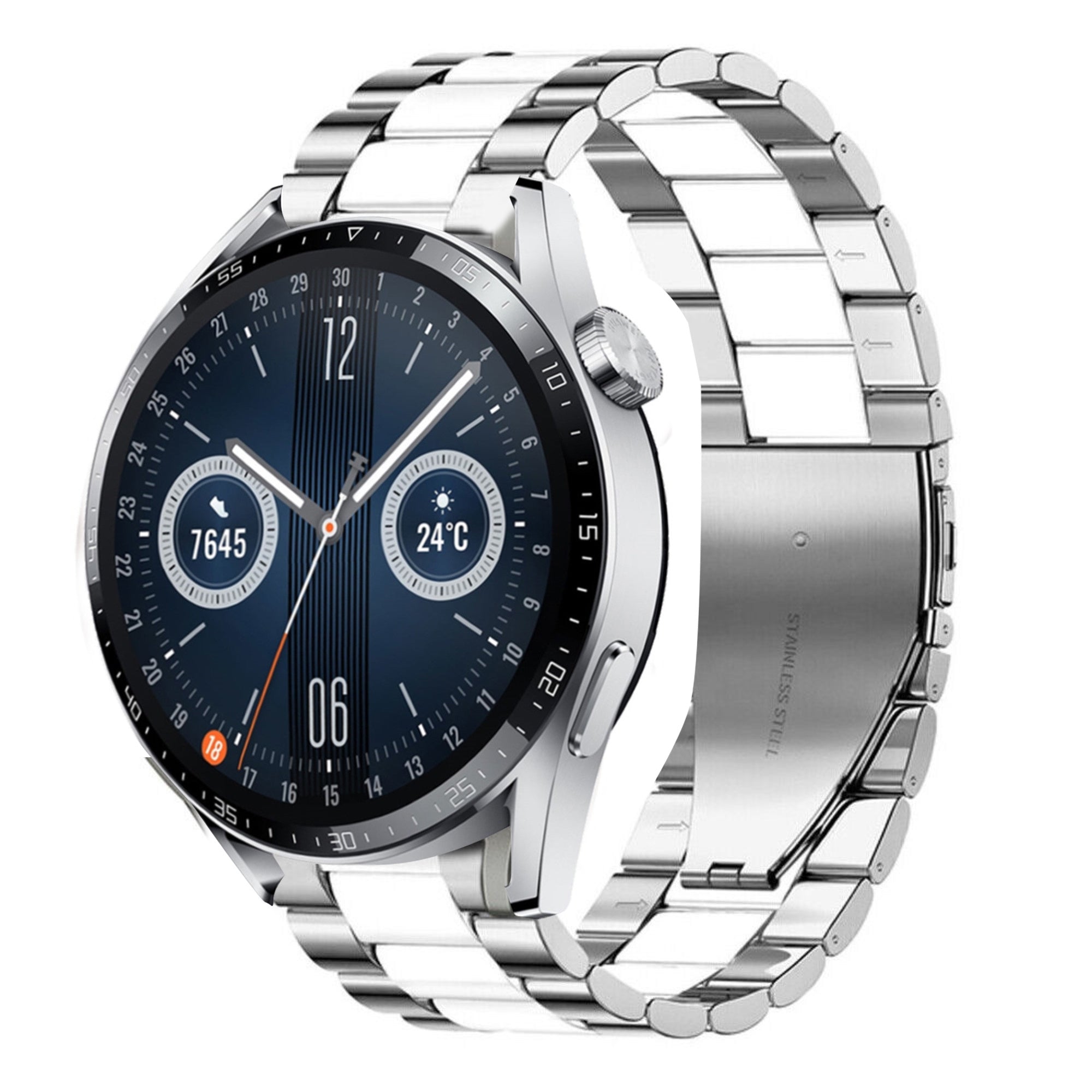 Steel Strap, silver/white, on a watch, 3/4 front view