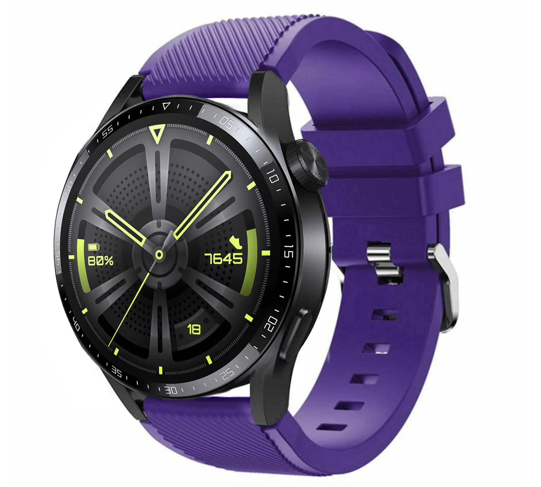 Twill Silicone Strap, purple, on a watch, 3/4 front view