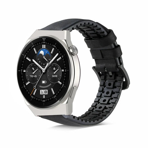 Leather / Silicone Strap, black, on a watch, 3/4 front view