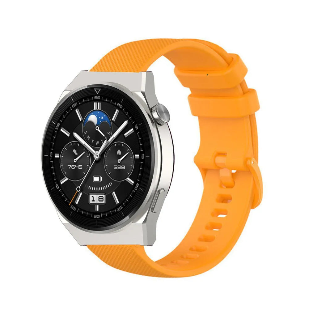Premium Silicone Strap, orange, on a watch, 3/4 front view