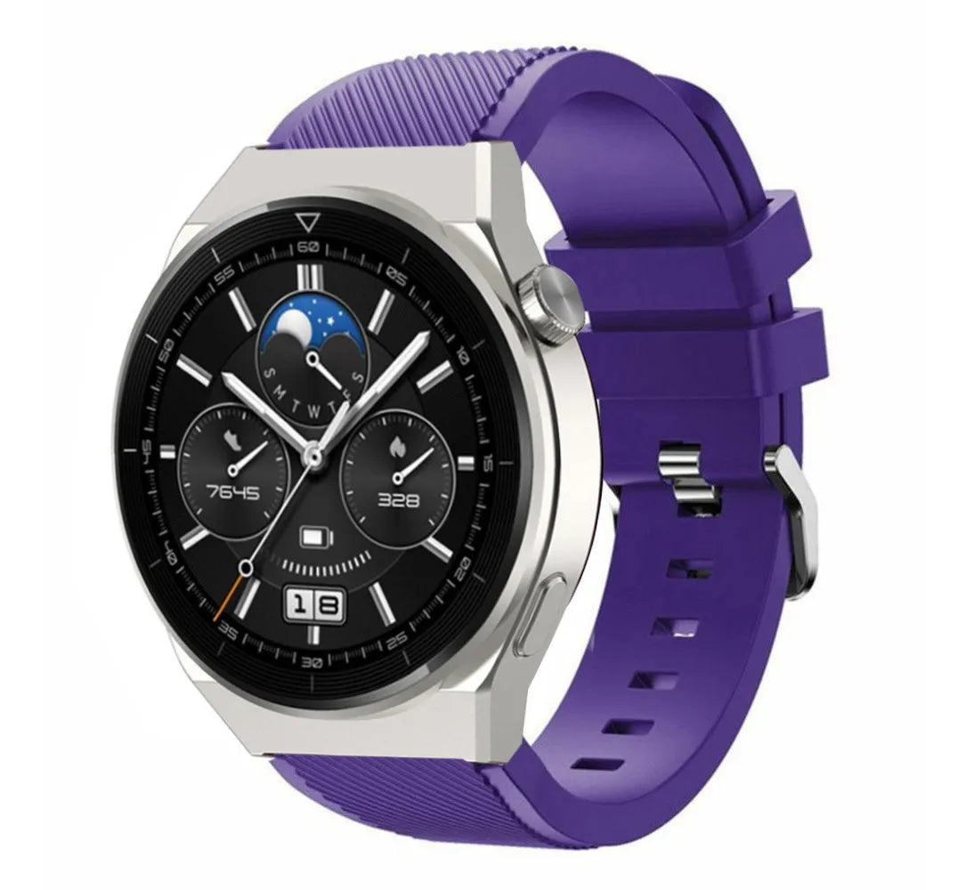 Twill Silicone Strap, purple, on a watch, 3/4 front view