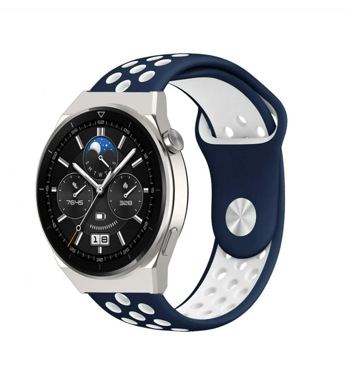 Silicone Sport Strap, blue/white, on a watch, 3/4 front view